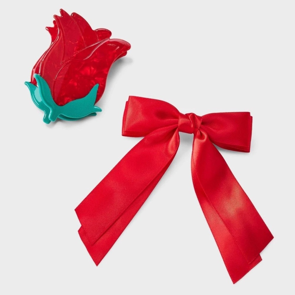 A New Day Rose Hair Claw Clip and Red Hair Bow Barrette 2 Piece Set NWT